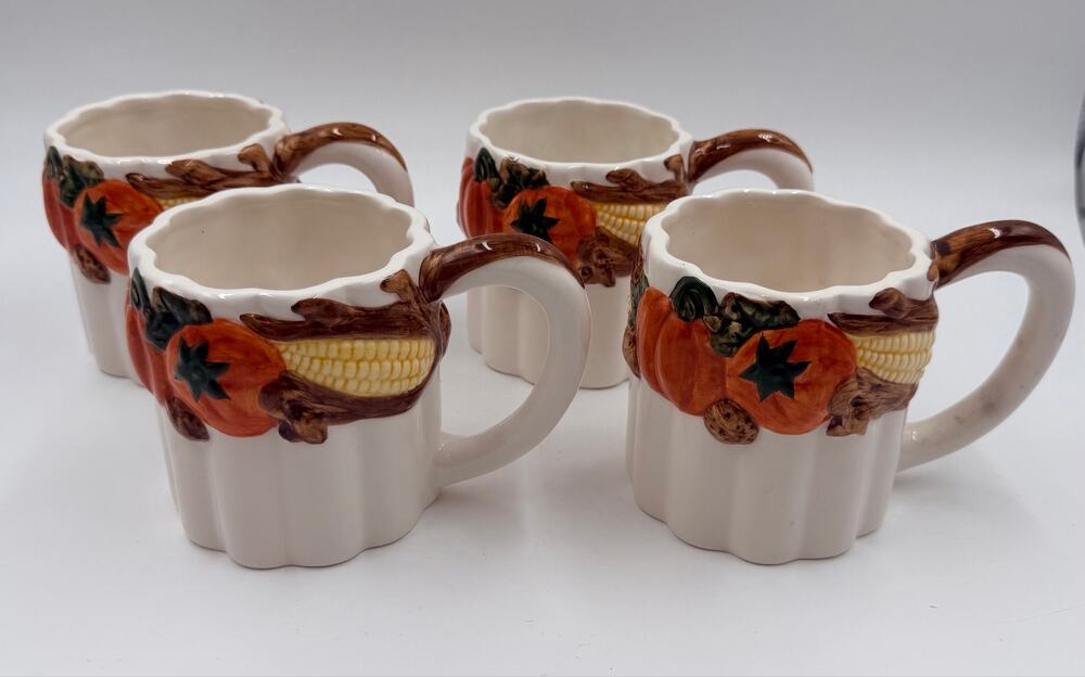 Vintage Asia Master Group Fall Harvest Pumpkin Corn Mugs Set of 4 Thanksgiving